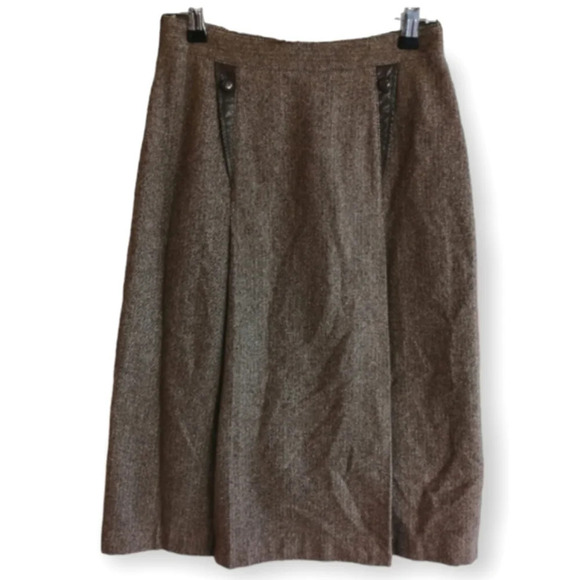 Vintage Wool Herringbone Pleated Brown Midi Skirt with Leather Accents 40 Small - Picture 13 of 14